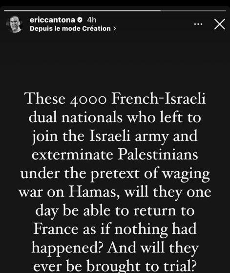 Cher Éric Cantona, 

Malheureusement les multiples contacts physiques sur la pelouse des stades de foot ont atteint tes neurones. Quel dommage.  

Non il n'y a pas "4000 franco-israéliens qui sont partis exterminer des Palestiniens sous le prétexte de la guerre contre le Hamas".