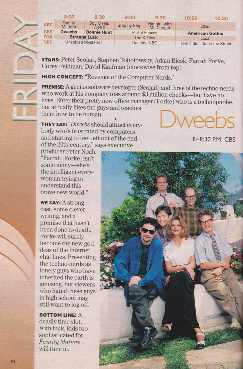 TVGFPI's tweet image. DWEEBS. 1995.

Peter Scolari, Stephen Tobolowsky, Adam Biesk, Farrah Forke, Corey Feldman, David Kaufman. #Dweebs #TVGuide