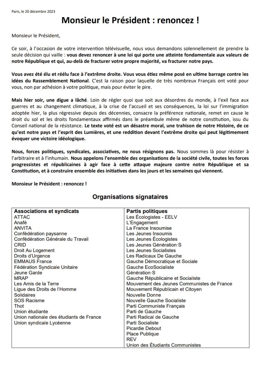 44 associations, syndicats et partis politiques signent un appel appelant le Président de renoncer au #PJLimmigration qui, en plus porter atteinte aux valeurs de la République, va fracturer le Pays !