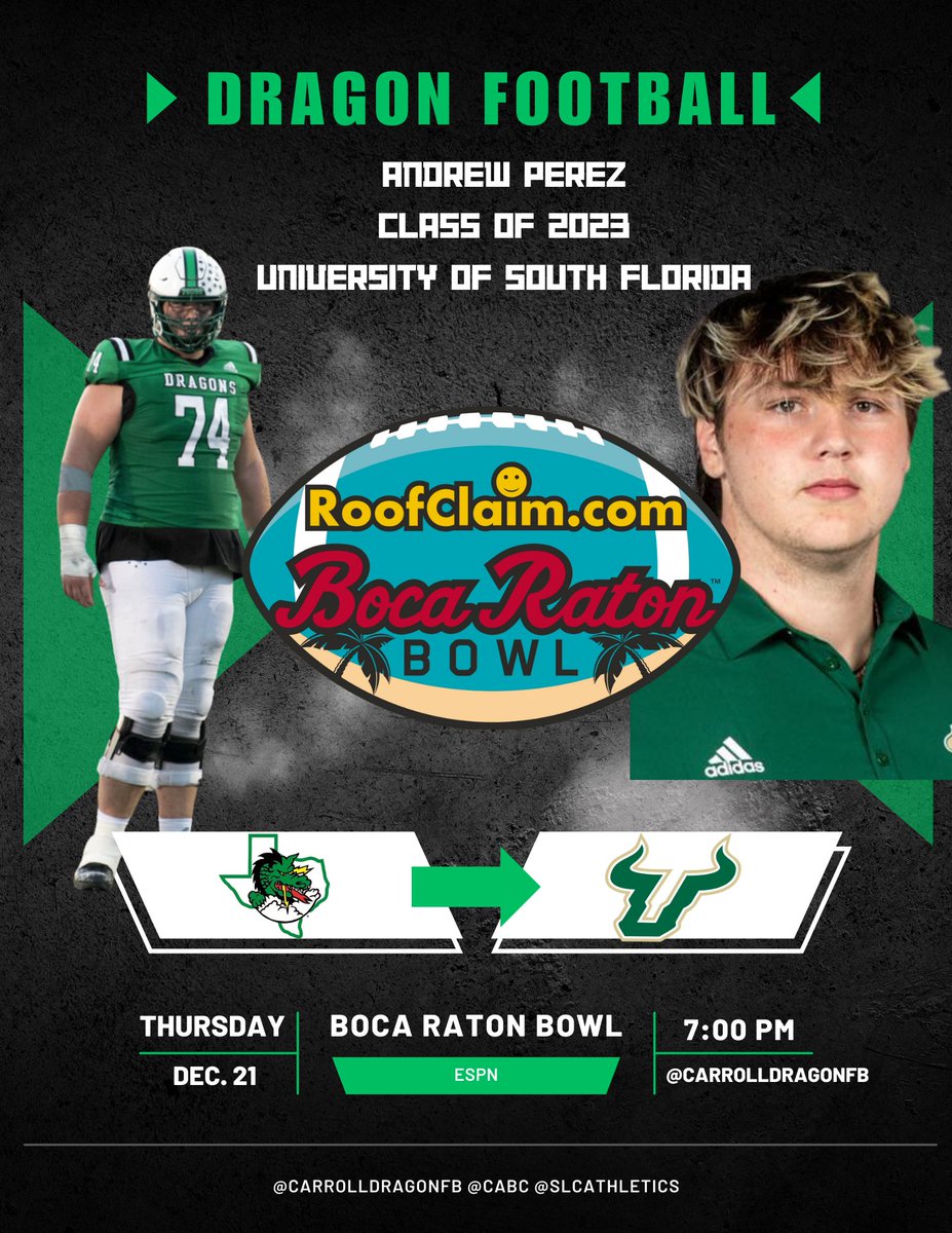 Southlake Carroll Football (@carrolldragonfb) on Twitter photo Tune in tonight to watch <a href="/USFFootball/">USF Football</a> and former <a href="/CarrollDragonFB/">Southlake Carroll Football</a> stud <a href="/DrewPerezTx/">Drew Perez</a> play in the <a href="/BocaBowl/">Boca Raton Bowl</a>
Good luck and get after it!
#ProtectTheTradition Tune in tonight to watch <a href="/USFFootball/">USF Football</a> and former <a href="/CarrollDragonFB/">Southlake Carroll Football</a> stud <a href="/DrewPerezTx/">Drew Perez</a> play in the <a href="/BocaBowl/">Boca Raton Bowl</a>
Good luck and get after it!
#ProtectTheTradition