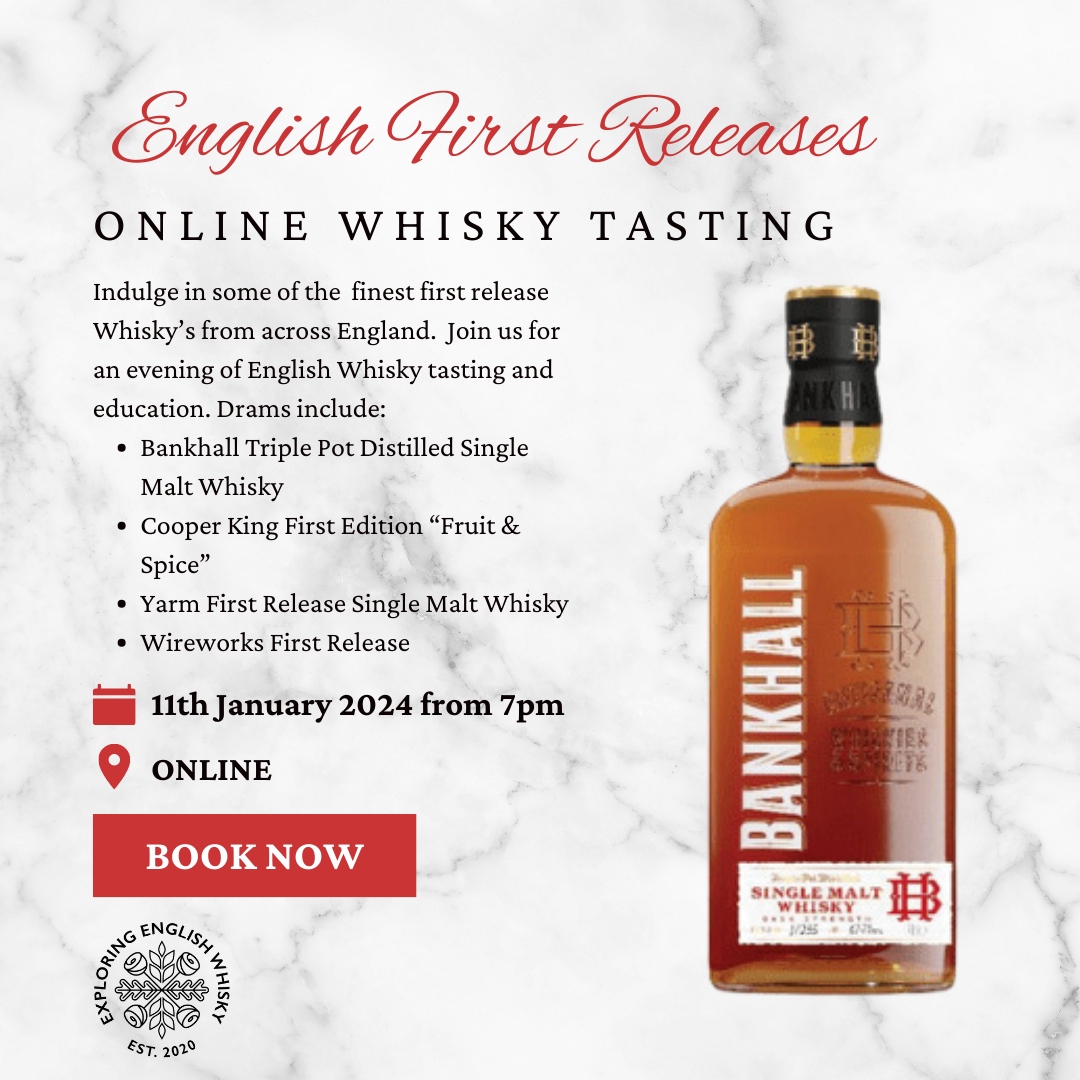 🎉 Unleash your inner whisky connoisseur at 'English Whisky - First Releases' on Jan 11, 2024! 🥃 Join us for an unforgettable tasting adventure featuring four extraordinary first release whiskies. 🌐 Book now: bit.ly/3tbrt9A #WhiskyRevolution #CraftDistilleries 🚀📅