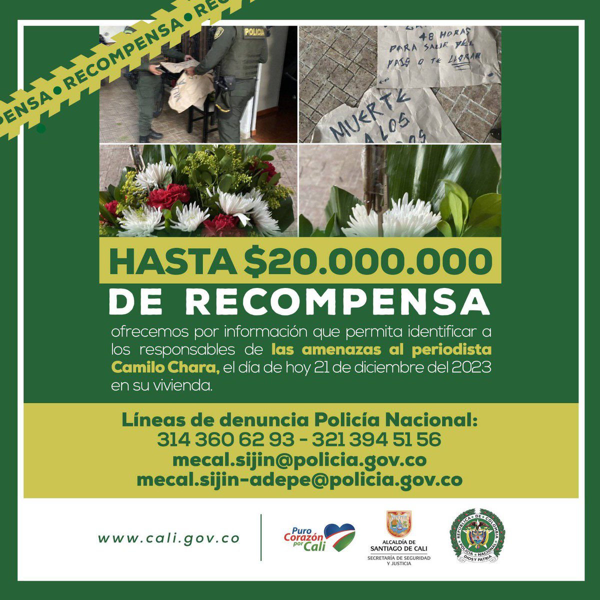 caliinforma's tweet image. No podemos permitir este tipo de actos!

Ante las amenazas dejadas junto a la puerta de la vivienda del periodista @soycamilochara, 🚨 ofrecemos recompensa de hasta $20 millones de pesos por información que permita identificar a los responsables de este delito.