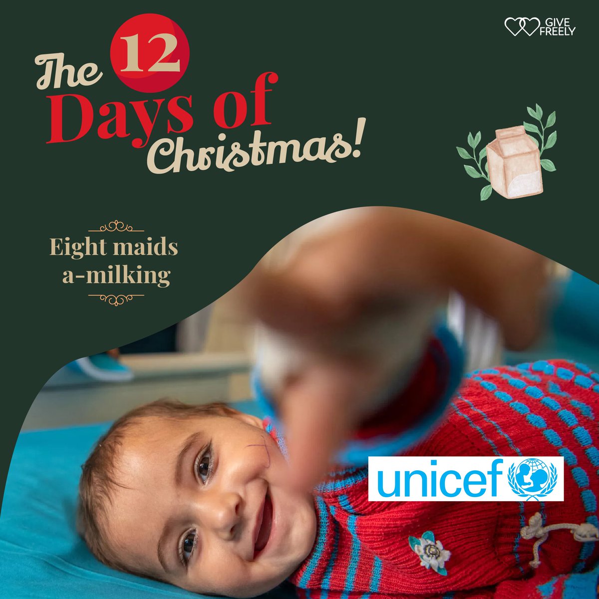 On the Eighth Day Of Christmas, 🍼 swap the "Eight Maids a-Milking" for a cause that nurtures infants in need! Direct your support to UNICEF, ensuring that babies who need milk receive the care they deserve by using Give Freely as you shop online and save. givefreely.com