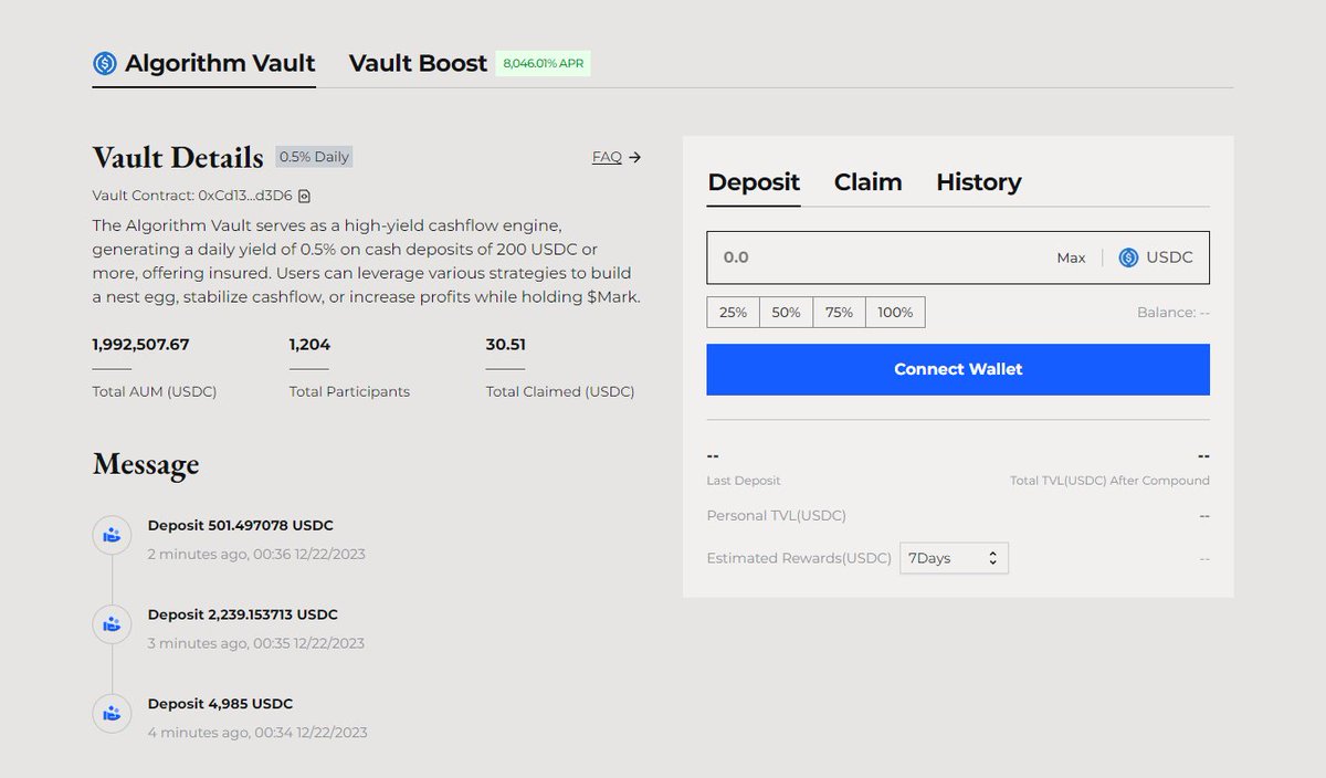 $MARK listed &amp; trading stable at $40M mcap rn. Over $2M TVL in just minutes with 0.5% daily yield &amp; up to 8000% APR with Vault Boost

Called at prelaunch, whales def love this mechanism. A whale aped nearly $400k right after launch! Sick!