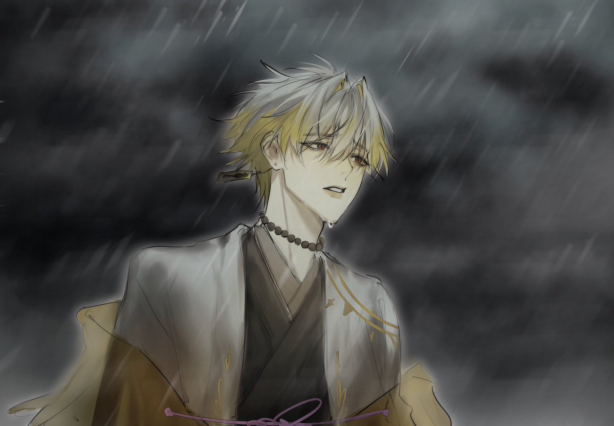 1boy male focus solo rain japanese clothes blonde hair crying  illustration images