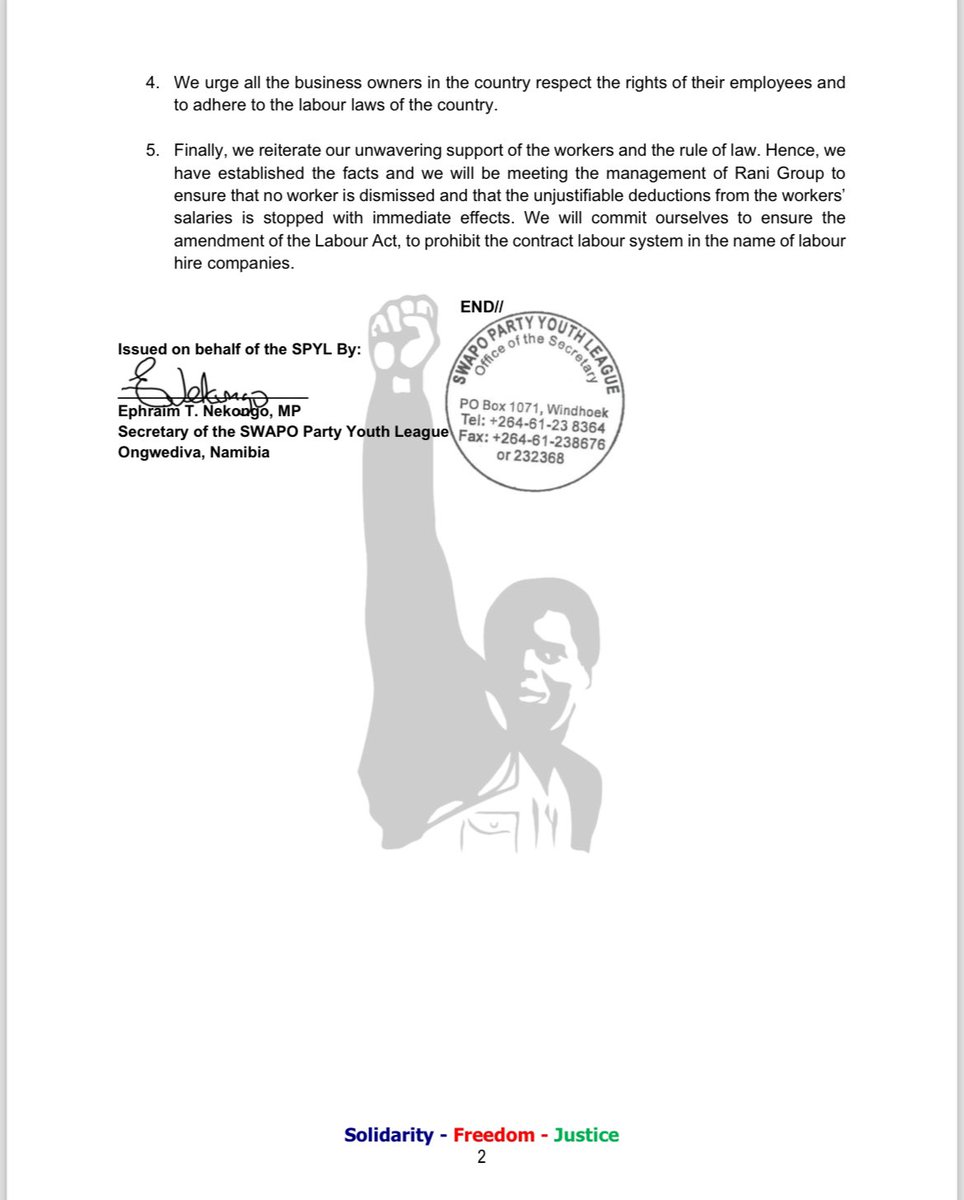[Update]: SPYL update on the ongoing standoff between the workers and the management at the Rani Group in Oshakati, Oshana Region.