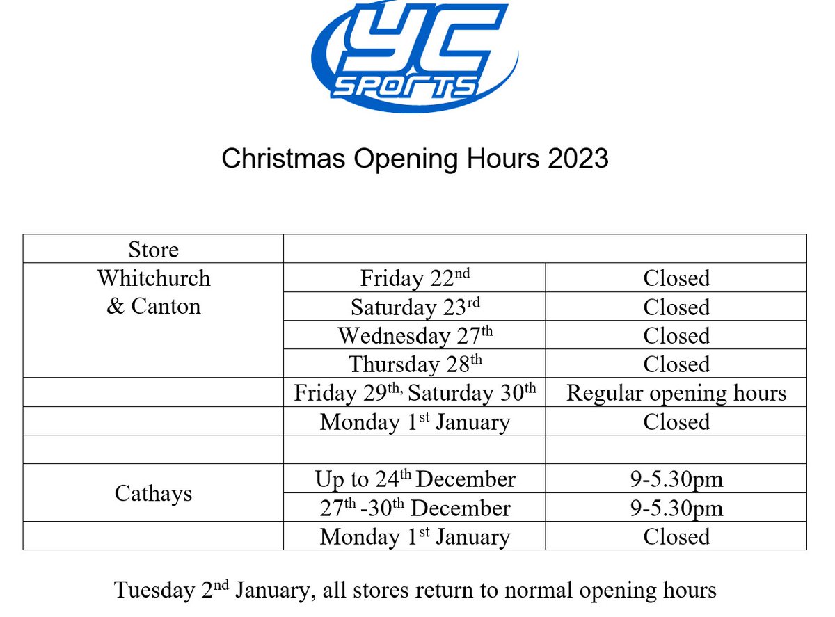 Our Chrismas Opening hours
