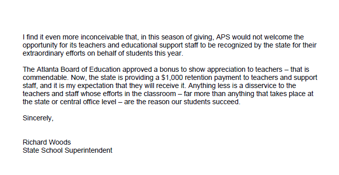 Georgia Department of Education (@georgiadeptofed) on Twitter photo From <a href="/SuptWoods/">Richard Woods</a>: I have heard from concerned <a href="/apsupdate/">ATL Public Schools</a> educators asking why they’ve been told by they will not receive the $1,000 retention pay supplement <a href="/GovKemp/">Governor Brian P. Kemp</a> announced earlier this week.
Today, I sent this letter to APS Interim Superintendent Dr. Danielle Battle. From <a href="/SuptWoods/">Richard Woods</a>: I have heard from concerned <a href="/apsupdate/">ATL Public Schools</a> educators asking why they’ve been told by they will not receive the $1,000 retention pay supplement <a href="/GovKemp/">Governor Brian P. Kemp</a> announced earlier this week.
Today, I sent this letter to APS Interim Superintendent Dr. Danielle Battle.