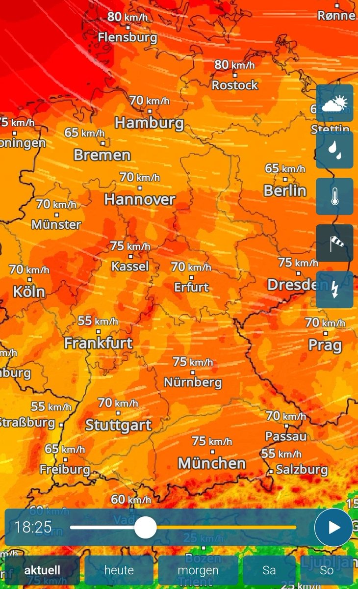 1/ Derzeit laufen alle Windräder in Deutschland auf maximaler Leistung, die ab etwa 43 km/h erreicht wird. Zwischen 43 km/h und 90 km/h werden die Rotorblätter so aus dem Wind gedreht, dass weiterhin maximal Strom eingespeist werden kann. Über 90 km/h werden die Rotorblätter