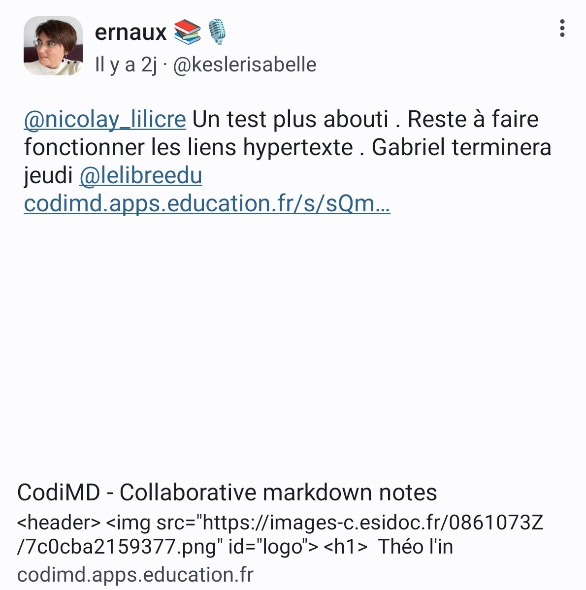 ernaux's tweet photo. 🌐Un stage d'observation pour approfondir #pix et approfondir sa culture numérique. Faire de l'#EMI avec le libre éducatif ⭐@framaka @LeLibreEdu #markdown .#pHAre Découverte de #fluxrss avec #startme . Tout ça au #cdi #tierslieu #profsdocs 🔛 https://t.co/HSeDEBThHa