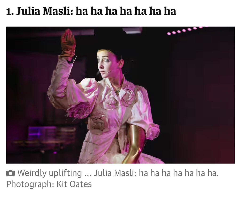 Number one in the @guardian comedy shows of the year it’s our #ishawards joint Best Show winner @JuliaMasli theguardian.com/stage/2023/dec…