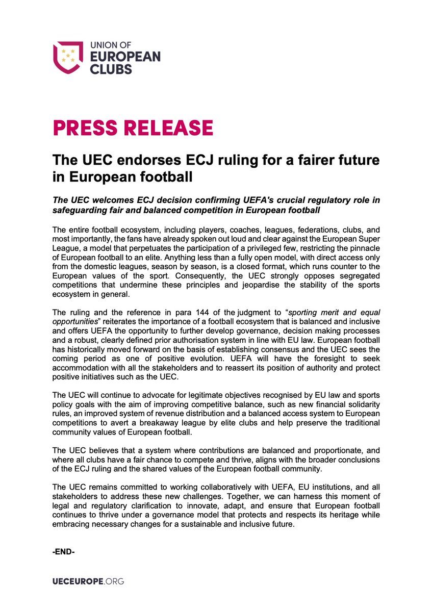 📄 PRESS RELEASE - ECJ decision on European Super League The Union of European clubs welcomes ECJ decision confirming UEFA's crucial regulatory role in safeguarding fair and balanced competition in European football. We believe that a system where contributions are balanced and