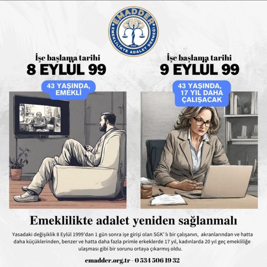 Aynı yaşta aynı primi olan 2 kişiden birine emeklisin, diğerine 17-20 yıl daha çalış diyen bir yasa. Bu nasıl adalettir? @RTErdogan  @_cevdetyilmaz @isikhanvedat @AhmetAYDIN_02 @ErbakanFatih @eczozgurozel @meral_aksener @dbdevletbahceli #KademeliEmeklilik