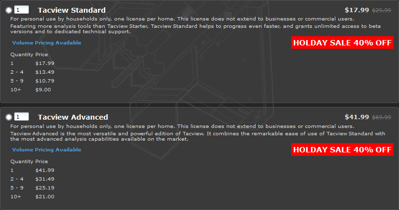 Tacview's Holiday Sale has begun: 40% off Tacview Standard and Tacview Advanced from December 21st to January 4th. tacview.net/purchase/

To upgrade from Tacview Standard to Tacview Advanced at an equivalent discount, please contact us at support@tacview.net

Happy flying!