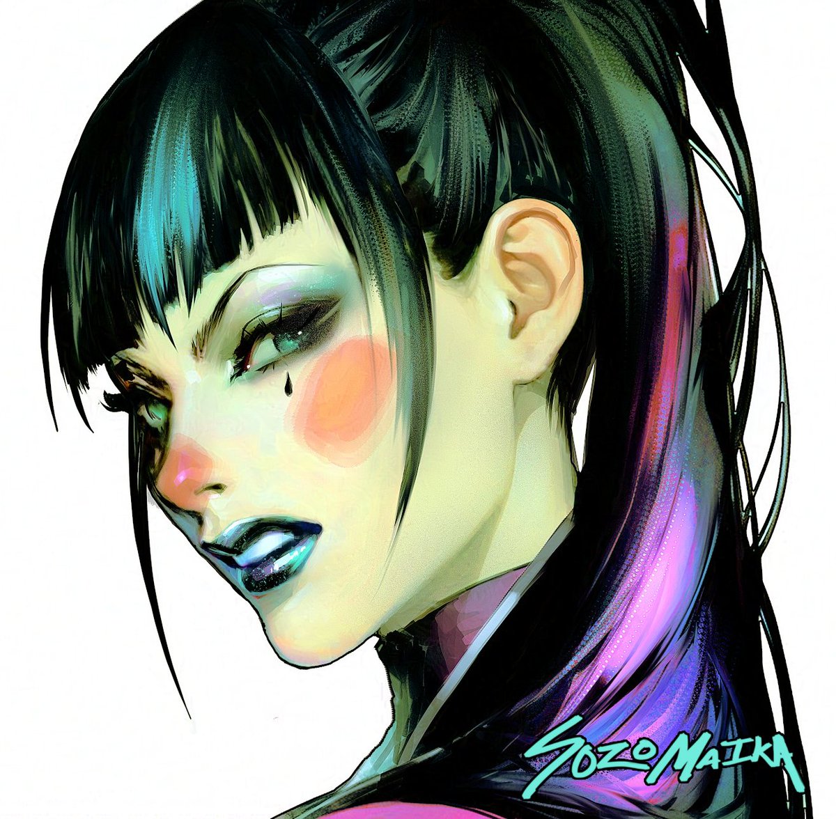 1girl solo makeup black hair bangs lipstick ponytail  illustration images