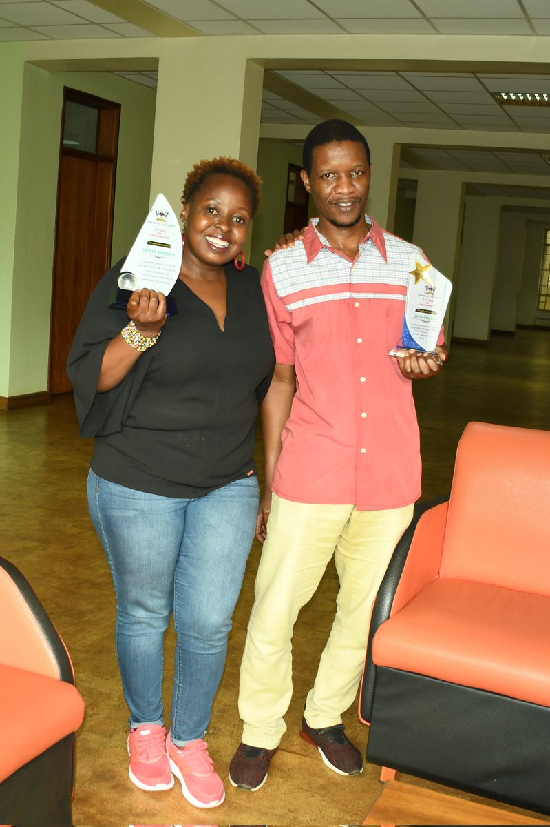 Ms. Caroline Kobusingye, the E-Resources Coordinator and Mr. Dennis Makanga of the ICT Section won the outstanding performance awards for the year 2023. Congratulations 🎊
