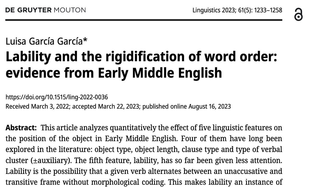 According to Luisa Garcá García's recent paper, the increase of labile transitivity pairs in English is correlated diachronically with the rise of rigid object-verb order 1/2 degruyter.com/document/doi/1…