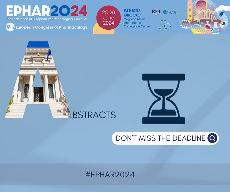 British Pharmacological Society (@britpharmsoc) on Twitter photo Don't miss out!
Submit your abstracts to the upcoming <a href="/EPHAR2024/">EPHAR 2024 - European Congress of Pharmacology</a> meeting, which will take place in Athens, Greece on 23-26 June 2024.
The deadline for submitting abstracts has been extended to the end of January 2024.
Learn more: ow.ly/WAR450Ql1x6 Don't miss out!
Submit your abstracts to the upcoming <a href="/EPHAR2024/">EPHAR 2024 - European Congress of Pharmacology</a> meeting, which will take place in Athens, Greece on 23-26 June 2024.
The deadline for submitting abstracts has been extended to the end of January 2024.
Learn more: ow.ly/WAR450Ql1x6