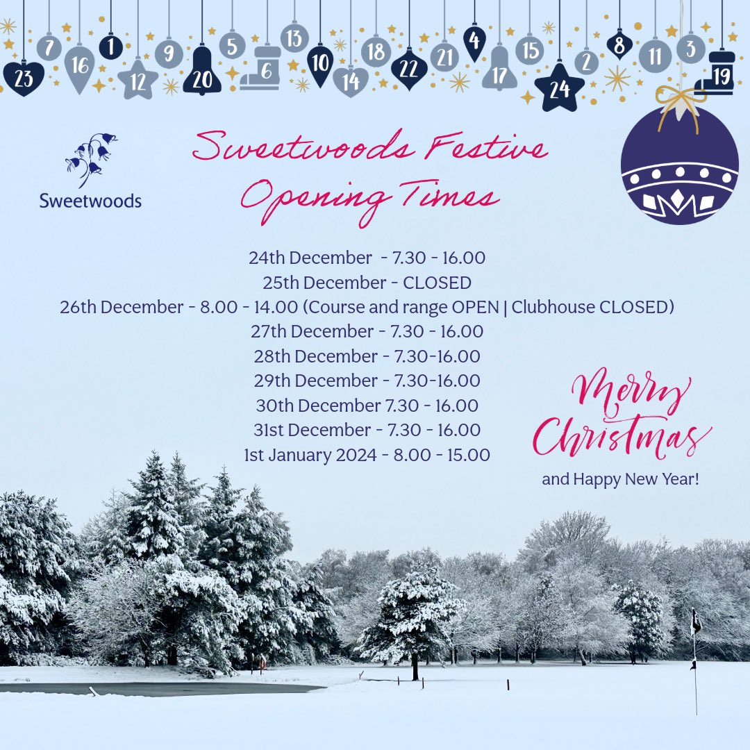 Our Festive Opening hours at Sweetwoods 🎄
•
Wishing everyone a very Merry Christmas and a Happy New year🥳
•
#sweetwoods #christmas #festiveseason #tunbridgewells #eastgrinstead #sussex #sussexgolf #openingtimes