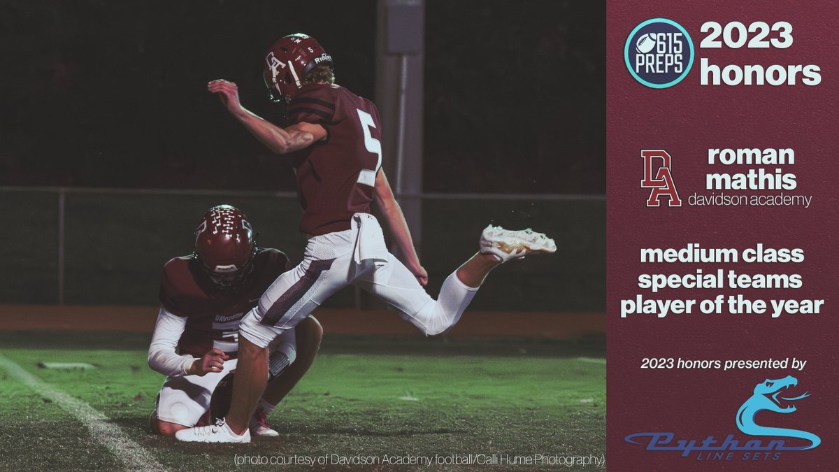 615 Preps (@615preps) on Twitter photo Medium Class Special Teams Player of the Year goes to Davidson Academy's Roman Mathis (<a href="/KonnerRoman/">Roman Mathis</a>). #615PrepsHonors <a href="/BearsDavidson/">Davidson Academy Football</a> Medium Class Special Teams Player of the Year goes to Davidson Academy's Roman Mathis (<a href="/KonnerRoman/">Roman Mathis</a>). #615PrepsHonors <a href="/BearsDavidson/">Davidson Academy Football</a>