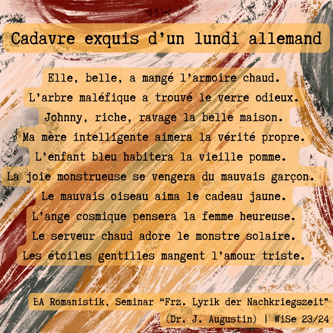 Experimenting with words ✨The result is this „Cadavre exquis“ written collectively with the students in my #FrenchLiterature class <a href="/HHU_de/">Heinrich-Heine-Universität Düsseldorf</a>