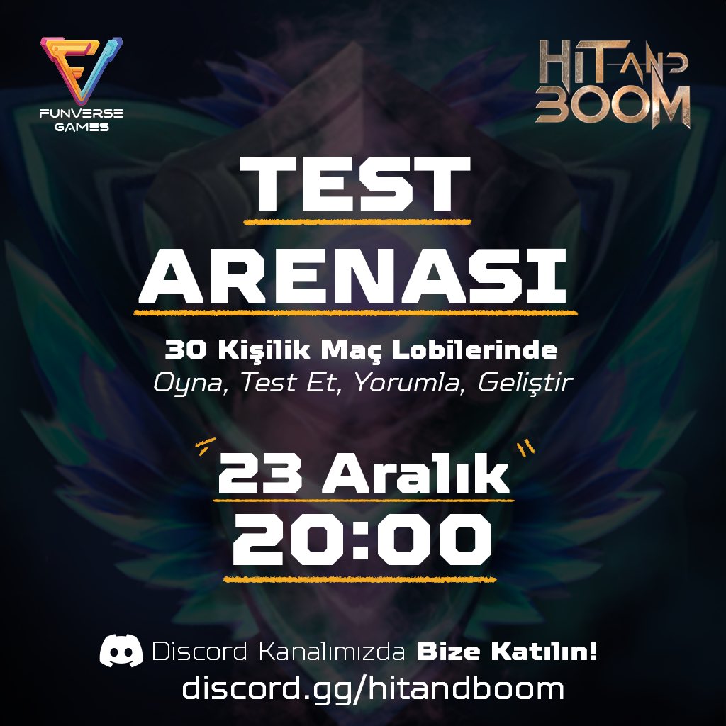 v0.1.53'ü bizimle birlikte test edin! 🤜🤛 Bu etkinlikte sadece mevcut versiyonu değil, bir sonraki güncellemede getirmeyi düşündüğümüz bazı yenilikleri de birlikte test edebiliriz. Test Arenası etkinliği Cumartesi günü saat 20:00'da. 👊💥 . . . #hitandboom #moba #battleroyale