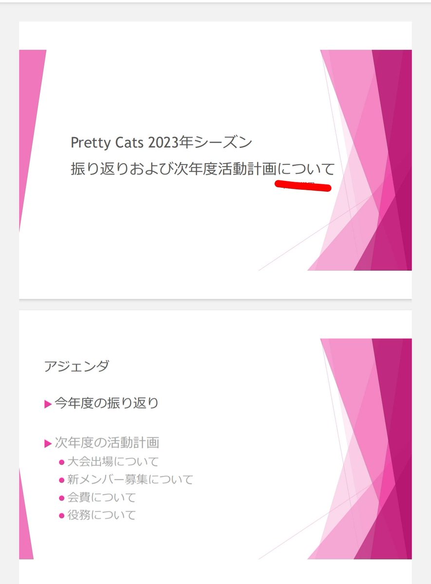 先程zoomにてチームミーティングを行いました
来年はリーグツースリー様に参加させたいただくこととなりました！
以上で2023年のチーム活動は終了になります
皆様来年もどうぞよろしくお願いいたします！

画像は仕事の合間に目を盗んで作った今日の資料の表紙です。笑