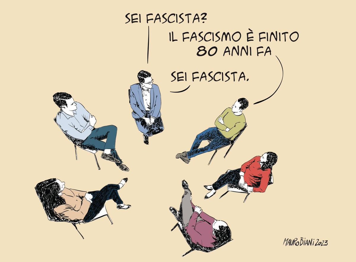 - Are you a fascist? - Fascism ended 80 years ago. - You're a fascist. By Italian cartoon artist @maurobiani maurobiani.it #21dicembre #salutiromani