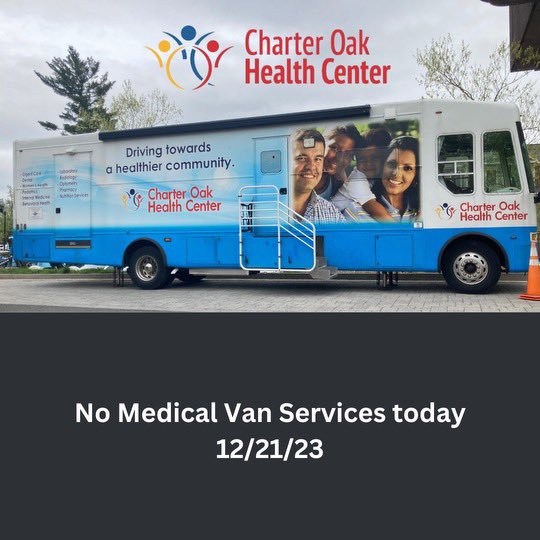 Good morning Charter Oak family! There will be no medical van services today. We apologize for the inconvenience and we thank you for your understanding. 

If you need immediate medical attention please come to our Urgent Care Center on 21 Grand Street, Hartford. 

860-550-7500.