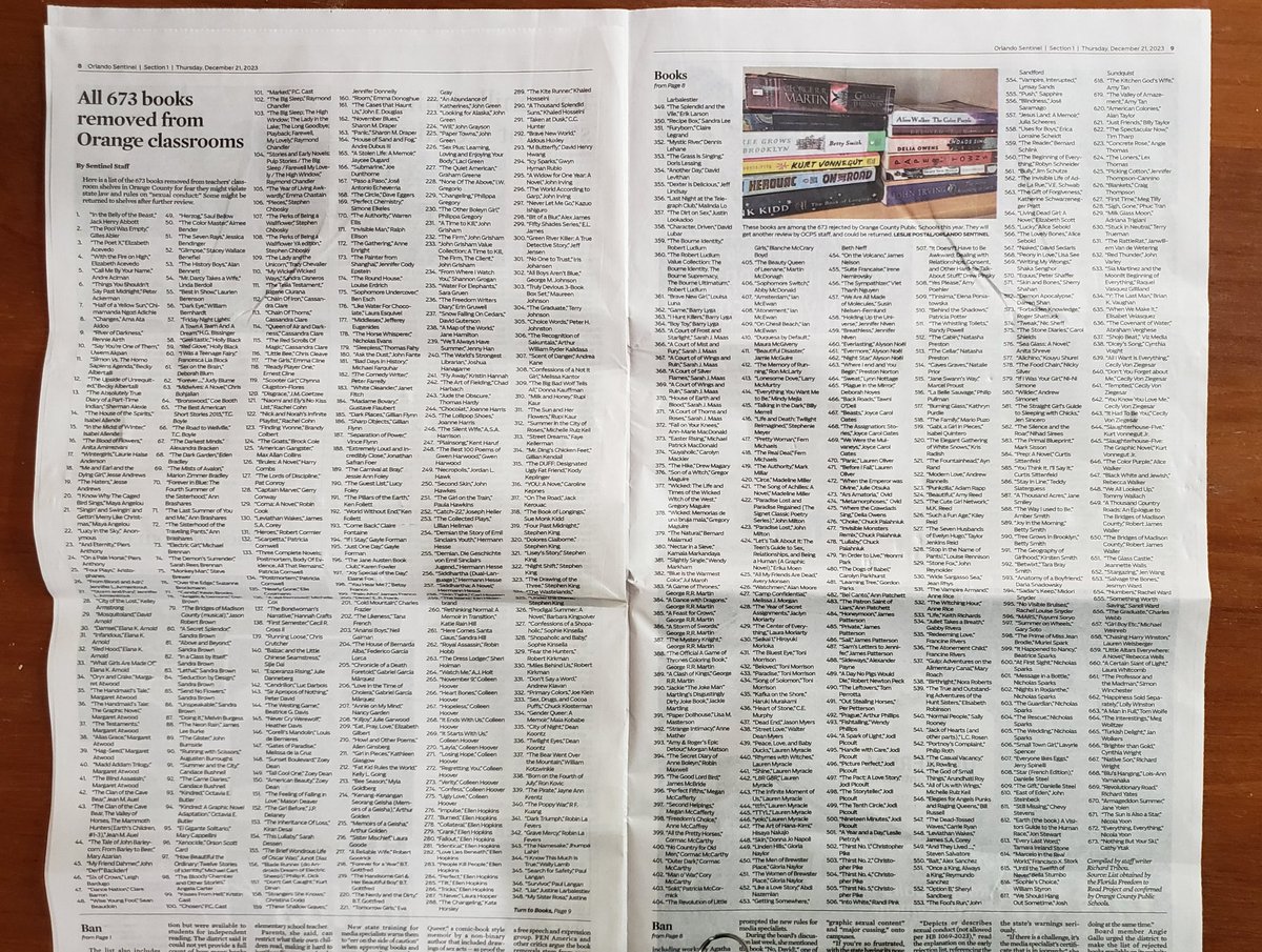 The @orlandosentinel published a list of all 673 of the books Orange County pulled from classrooms this year for fear of violating state rules. This speaks volumes about #bookbans, education & politics in our state of Florida in 2023