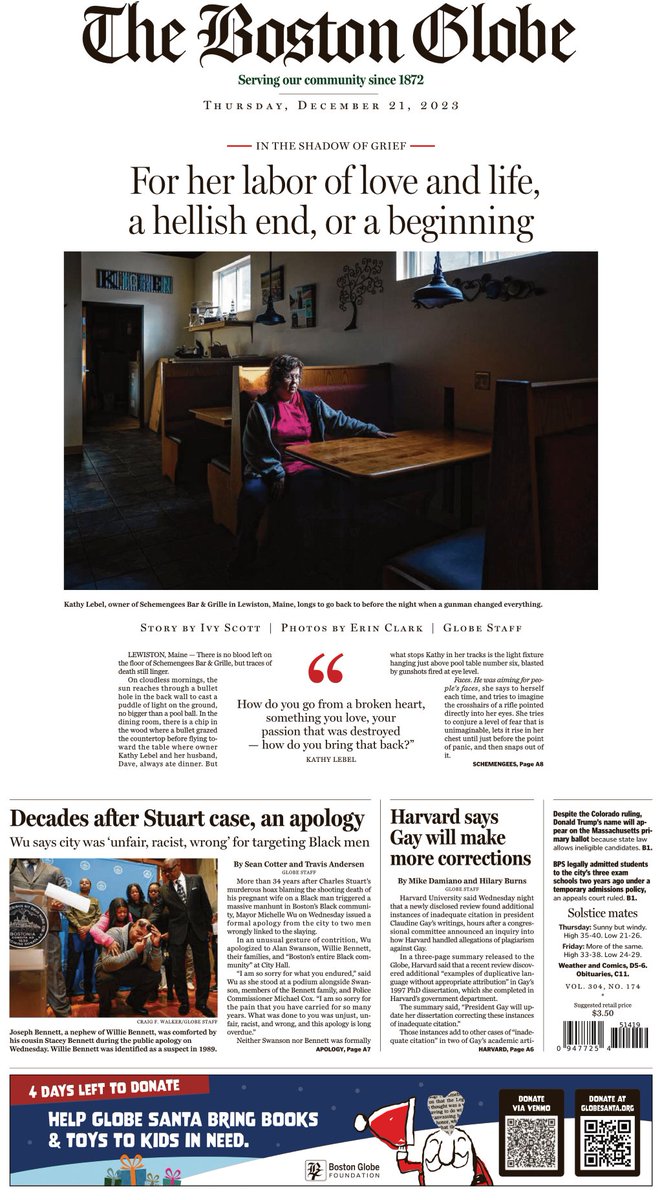 In today's paper: Mayor Wu apologizes to Boston’s Black community, men falsely linked to Stuart killing; Harvard says president Claudine Gay is correcting another piece of her writing; and more. trib.al/ECglmnd