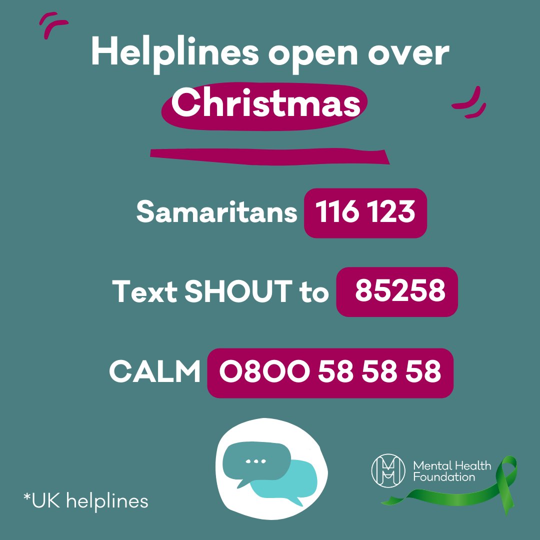 Your mental health still matters at Christmas. 💚 If you're struggling over Christmas, know that you're not alone. These helplines are here if you need someone to talk to who will listen and help you find your way through. @Samaritans @theCALMzone @GiveUsAShout