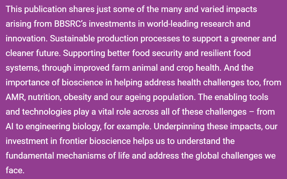 We support world-class bioscience to deliver a healthy, prosperous, and sustainable future. Investments help bioscience deliver world-class outputs, outcomes and impacts to society and the economy. Find out more in our 2023 Impact Showcase: orlo.uk/D9jqx