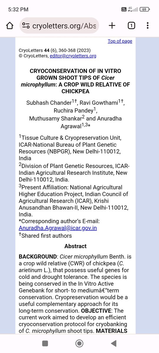 Happy to share our latest paper on Cryoconservation of in vitro grown shoot tips of Cicer microphyllum: a crop wild relative of chickpea(#Cryoletters)  in In VItro Genebank, ICAR-NBPGR, New Delhi cryoletters.org
<a href="/INbpgr/">ICAR-NBPGR</a> <a href="/anuagrawal_icar/">Anuradha Agrawal</a>