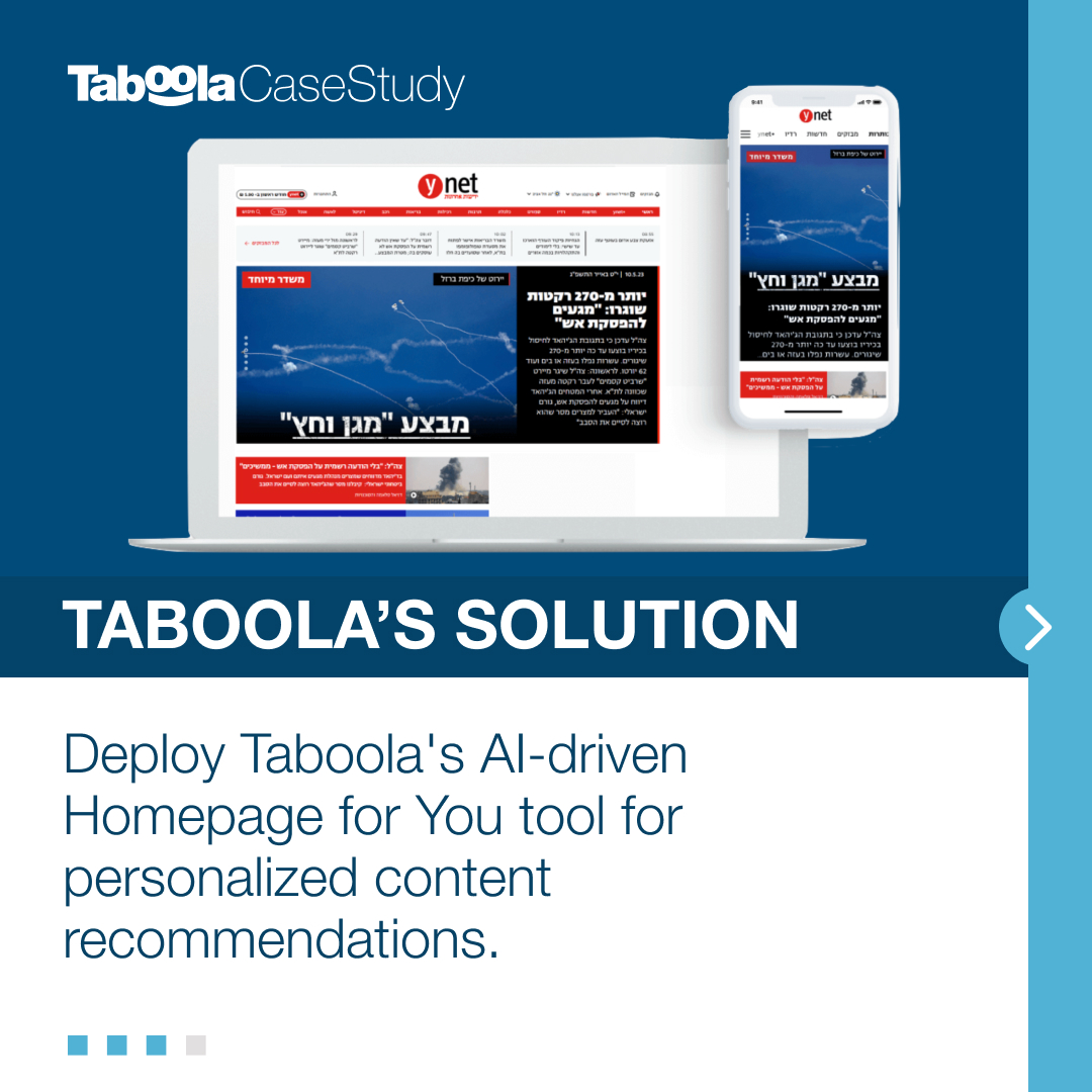 taboola's tweet image. 🗣 Ready to uncover the secrets behind @ynetnews&apos; online success? 

Swipe to see how this massive publisher found success with Homepage For You!

Read the full story: ow.ly/nO8f50QkFmZ

#SuccessStory #PersonalizedRecommendations #CTRBoost #PublishingTips #OnlinePublishing