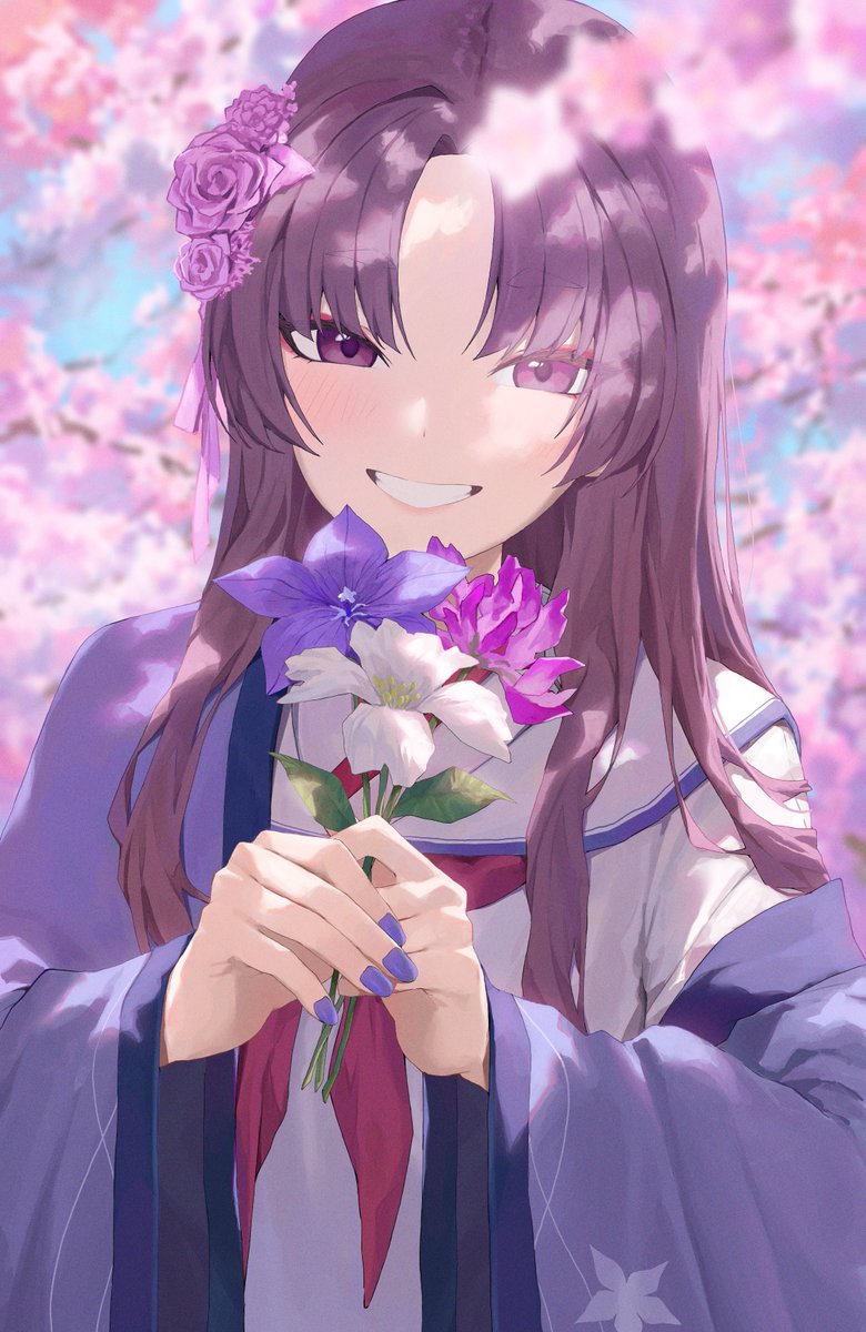 1girl flower smile solo holding flower long hair holding  illustration images