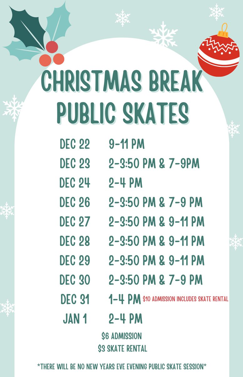 FindlayRec's tweet image. Making plans for Christmas break? Make sure to add ice skating to your to do list! Below is out public skate schedule for the holidays. Please note the Dec 31st session is $10 Admission which includes skate rental.  There will be no New Years Eve evening public skate session.