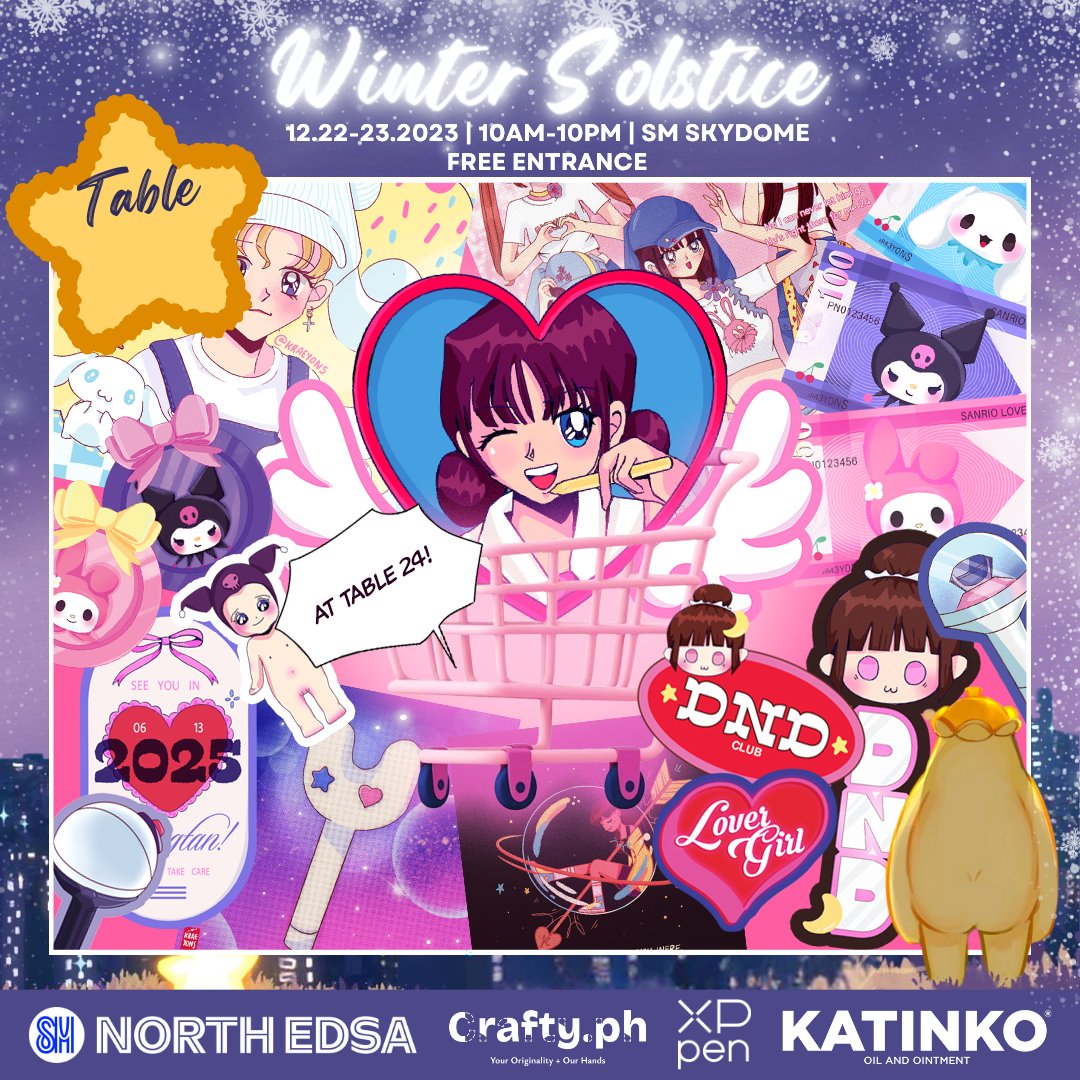 Explore a world of Sanrio characters, Kpop, and more at Kraeyons' table (#24). Find calendars, shirts, acrylic charms, art prints, and stickers to brighten up your day!

𝐓𝐚𝐛𝐥𝐞 #: 𝐖𝐒24 𝐀