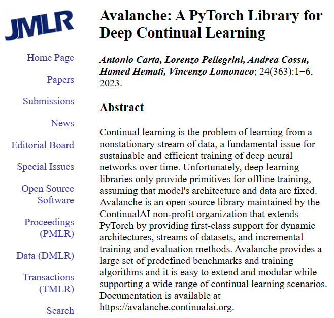 The @AvalancheLib is now being published on JMLR!🚀

Thanks to all the people who contributed to the library, the Avalanche maintainers and especially @acarta7 for their tremendous commitment!

#continuallearning #continualai