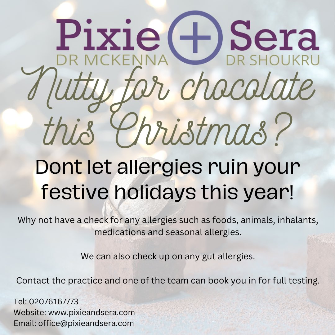 Christmas Countdown 4/5: Don't get surprised by an allergic reaction this year. Come in and get yourself tested for various allergy markers! #allergies #privategp #pixieandsera #allergicreaction #foodallergies #animalallergies #seasonalallergies #gutallergy #gettested