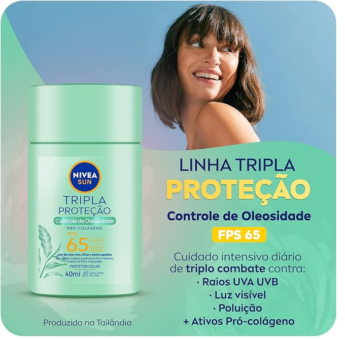 NIVEA SUN Protetor Solar Fluido Facial Tripla Proteção Controle de Oleosidade FPS 65 40ml