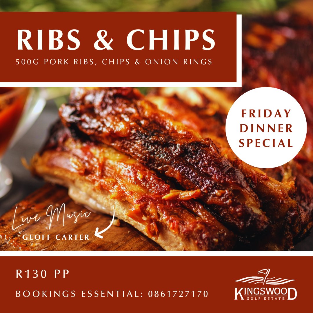 What's more festive than not having to cook? 🎄🌟
Bring your loved ones down to the Kingswood Kitchen and treat them to our FAMOUS Ribs &amp; Chips special for only R130pp. 🍖🍟Live music by Geoff Carter. 🎶

Bookings ESSENTIAL: 0861727170
#dinner #FestiveSeason #FestiveGetTogether