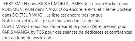 ParisManga's tweet photo. David Manet sera présent à Paris Manga by TGS tout le week end pour des séances de dédicaces ;)

#PM #PM35 #ParisMangabyTGS #DavidManet #comédien #jerrysmith #ricketmorty #james #teamrocket #pokemon #pain #naruto #DoctorWho #salon #popculture https://t.co/QHEDgSf01y