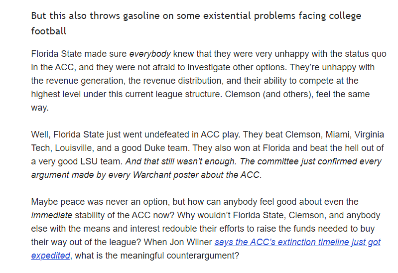 MattBrownEP's tweet photo. Wrote this on Dec 4. Today, FSU starts the process to eventually try to leave the ACC.

Which may very well start a process that ends in a place a lot of fans aren't going to like https://t.co/gbSgYtHgNd