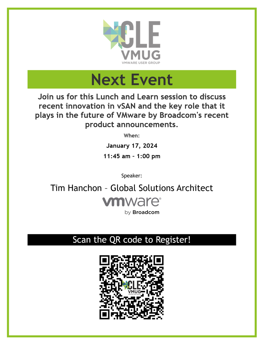 Our next Lunch and Learn event is up!
Scan the QR code or sign up below
my.vmug.com/s/community-ev…