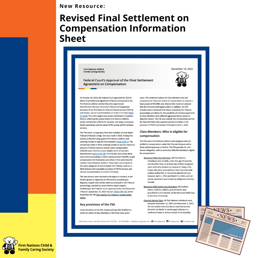 Curious about the revised Final Settlement Agreement on Compensation? Our info sheet gives highlights of the Federal Court's Approval & tells you how to access updates on the compensation process, which has not yet begun. fncaringsociety.com/publications/f…