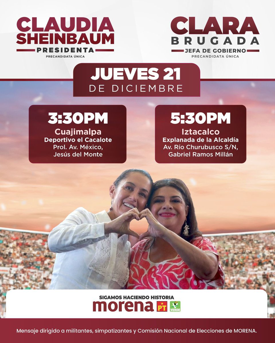 ¡Es hoy, es hoy!

Nuestra querida Dra. @Claudiashein estará en 2 alcaldías de #LaCiudadQueLoTieneTodo, en Cuajimalpa e Iztacalco.

Por allá nos vemos para seguir acompañando a #LaPrimera Presidenta que tendrá México en 2024.