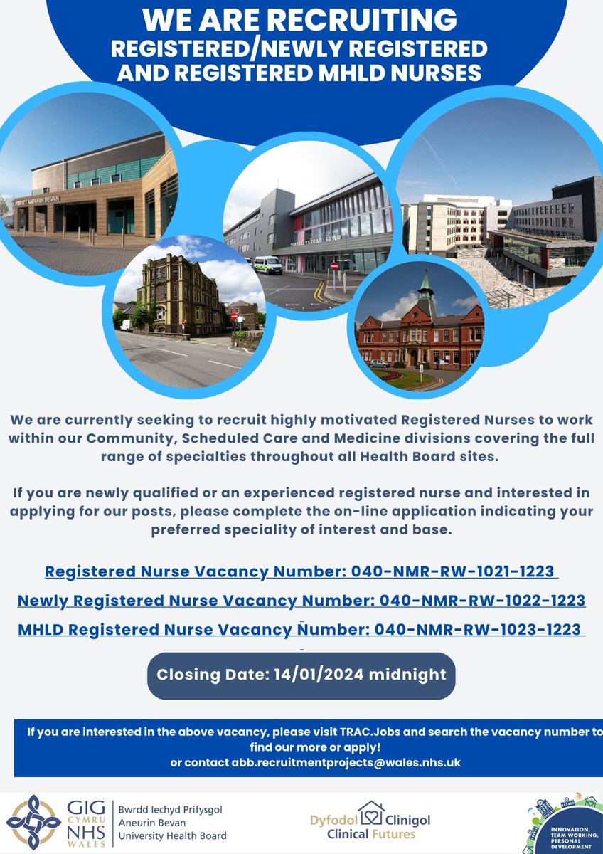 We are seeking to recruit highly motivated Registered Nurses to work within our Community, Scheduled Care and Medicine divisions covering the full range of specialities throughout all Health Board sites.
Visit TRAC.Jobs and search for the vacancy number to apply!