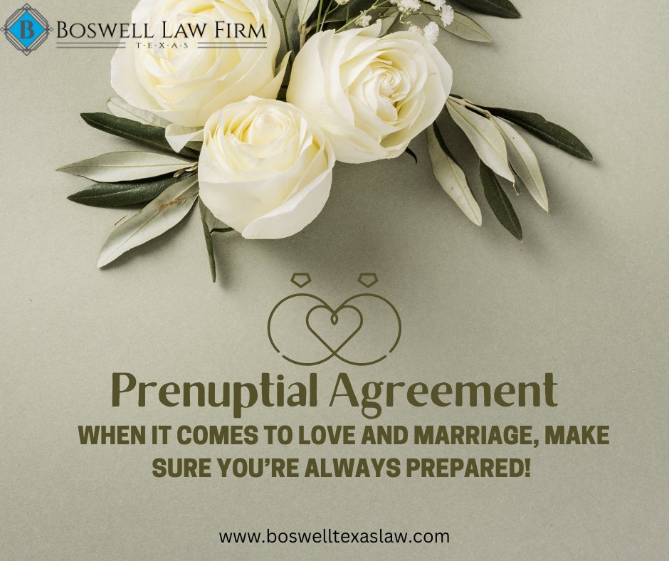 Are you considering a prenuptial agreement? GET THE LEGAL ADVICE YOU NEED NOW! 
Book Online: boswelltexaslaw.com
Contact Us: (832)919-6595
#Boswell #TexasLawyer #LawFirm #LegalAdvice #PrenupAgreement