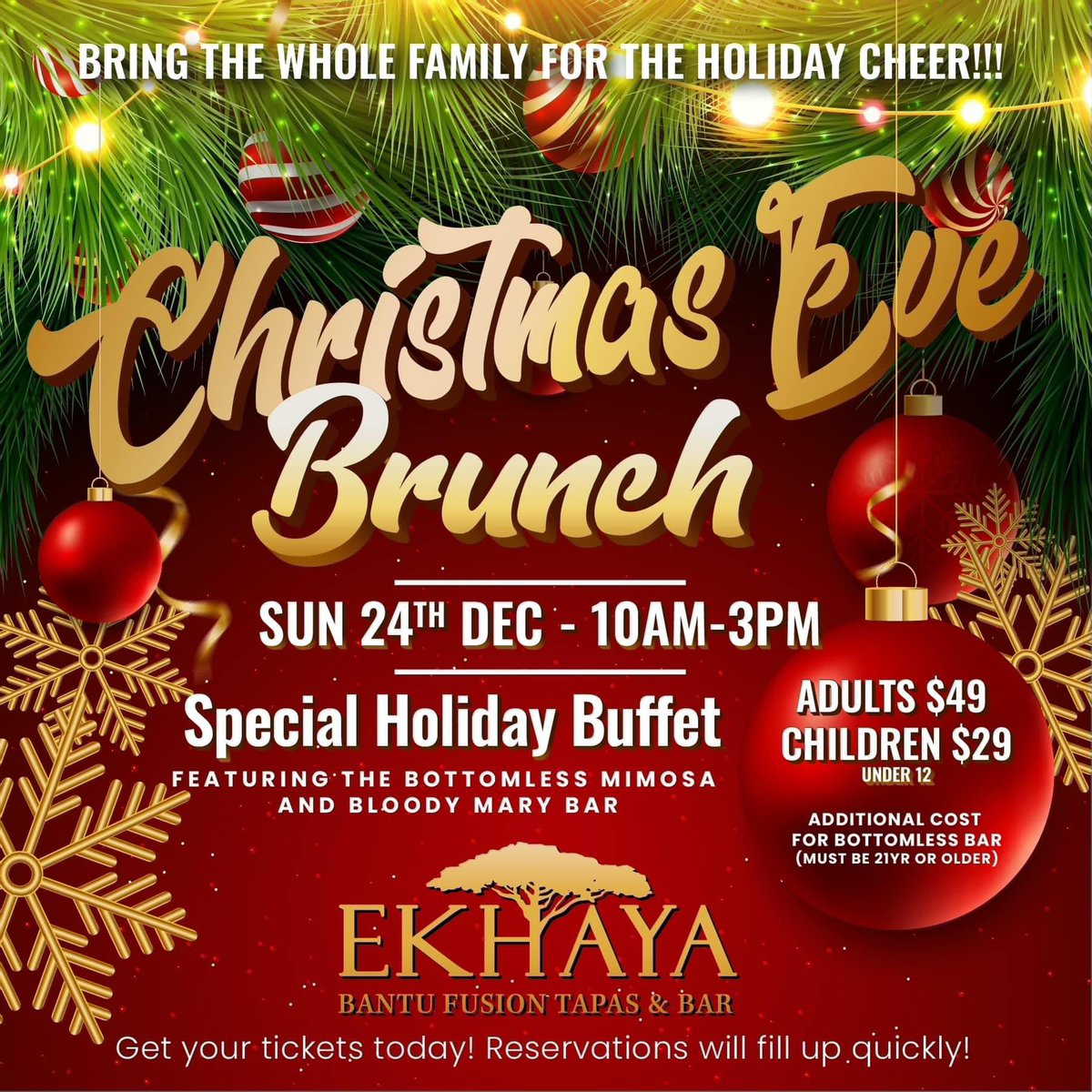 Join Us for a symphony of flavors at Ekhaya for our Christmas Eve Brunch, offering a special menu curated by Chef Zweli Williams. Make your reservation today!